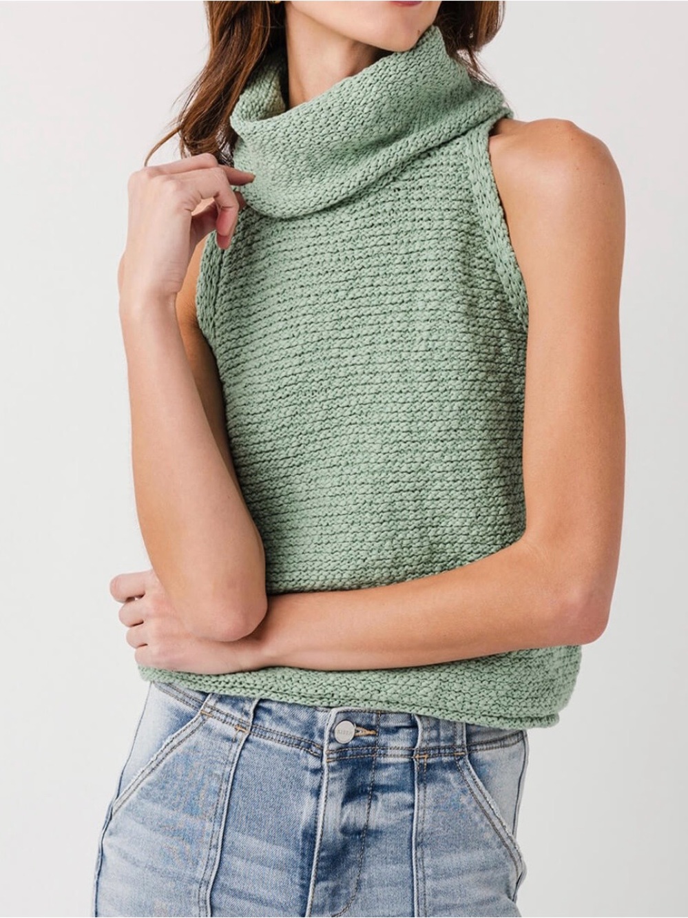 Sage Cotton Knit Cowl Neck Sweater Tank Top Small Sleeveless By Together - Picture 4 of 14